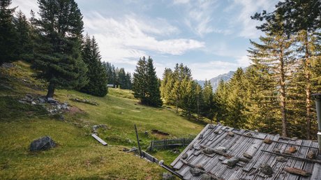 Des impressions de notre hôtel alpin à Vent ! Chalet de montagne au toit pierreux dans une vallée verte avec des pins sous un ciel clair