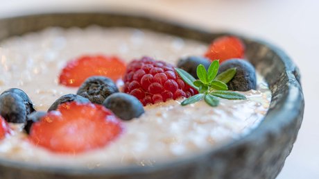 Des impressions de notre hôtel alpin à Vent ! Porridge avec baies fraîches dans un bol gris
