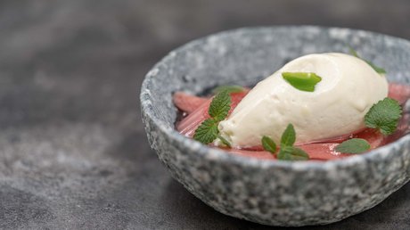 Des impressions de notre hôtel alpin à Vent ! Dessert crémeux avec décoration verte sur fruits rouges dans un bol gris